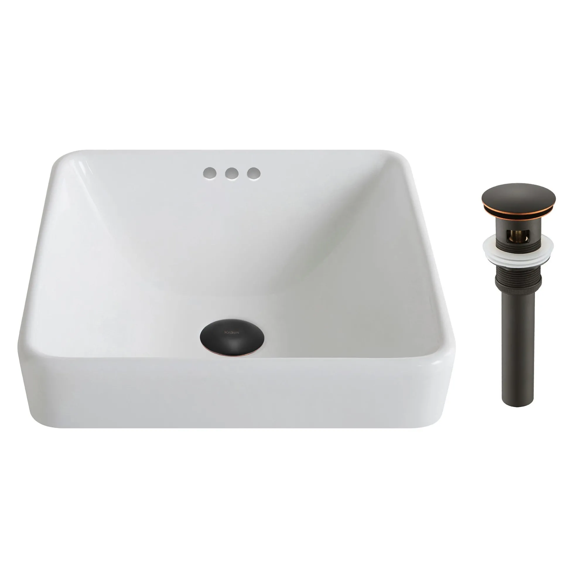 16 1/2" Square Semi-Recessed Ceramic Bathroom Sink in White with Pop-Up Drain in Oil Rubbed Bronze