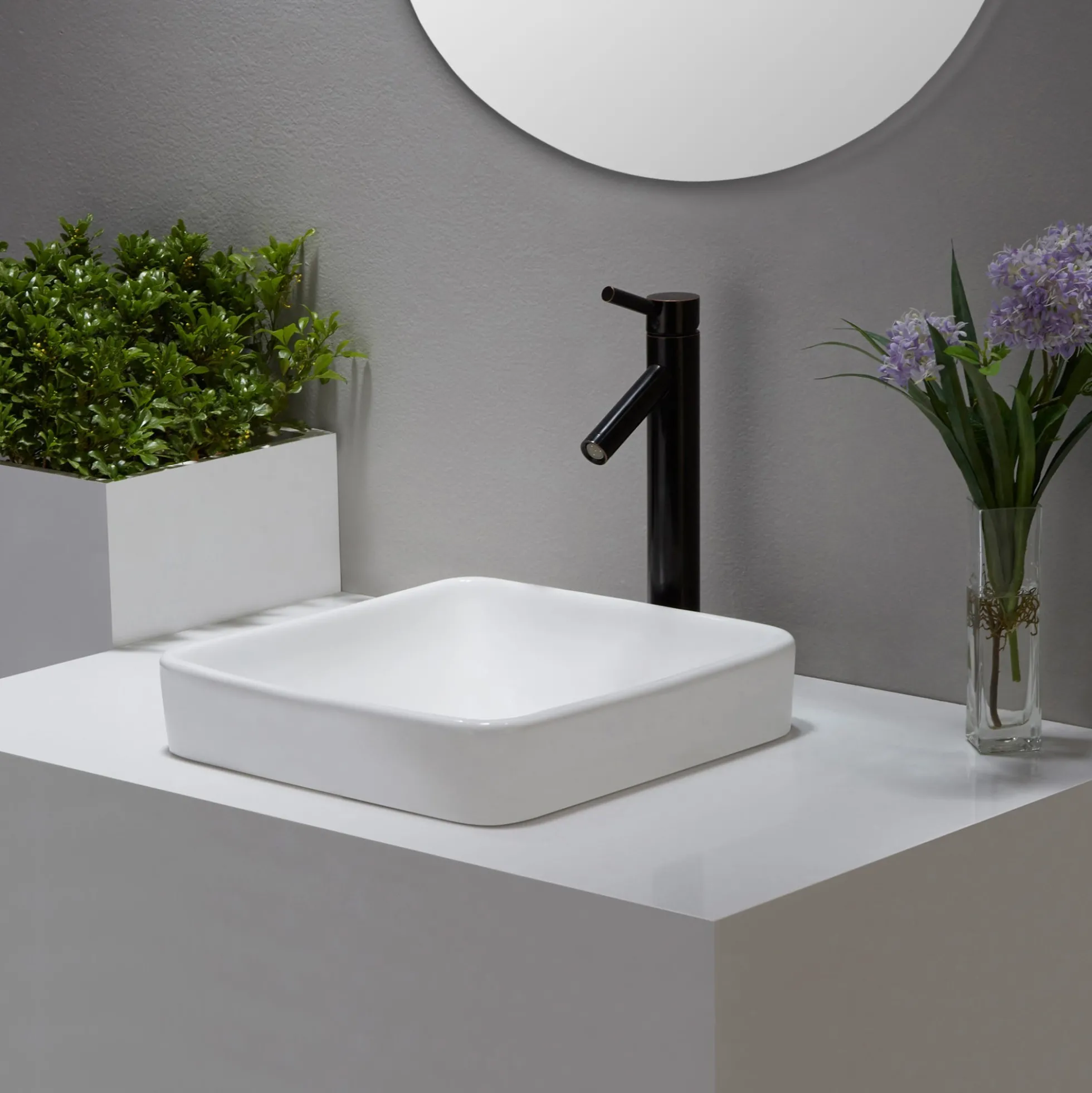 16 1/2" Square Semi-Recessed Ceramic Bathroom Sink in White with Pop-Up Drain in Oil Rubbed Bronze
