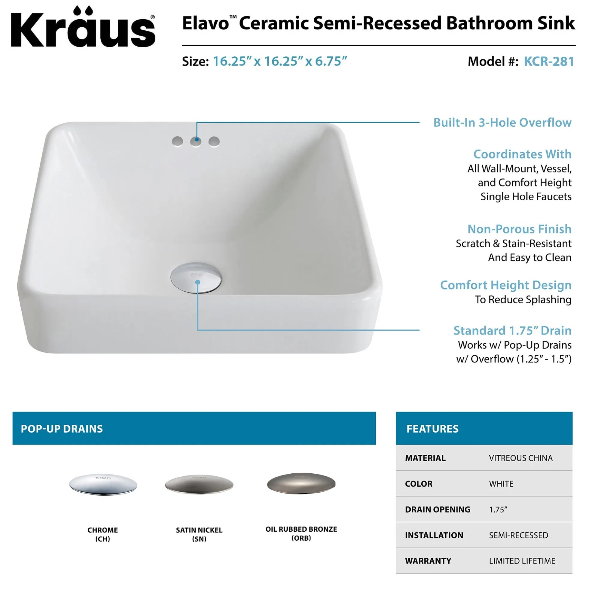 16 1/2" Square Semi-Recessed Ceramic Bathroom Sink in White with Pop-Up Drain in Oil Rubbed Bronze