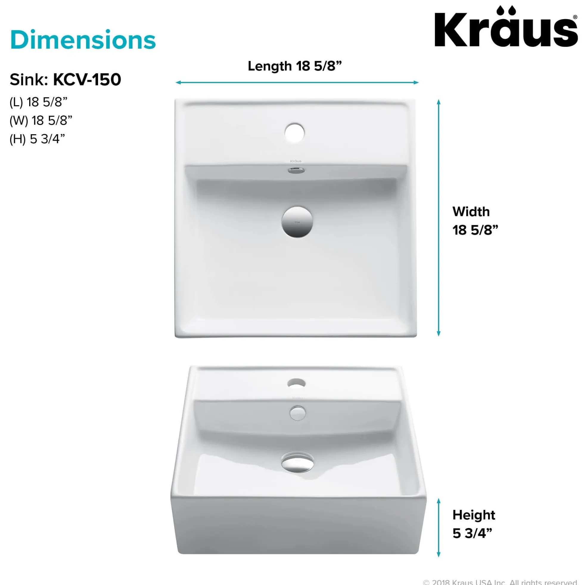 18 1/2" Square Vessel Ceramic Bathroom Sink in White