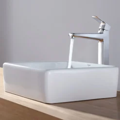 15" Square Vessel Ceramic Bathroom Sink in White with Pop-Up Drain in Chrome