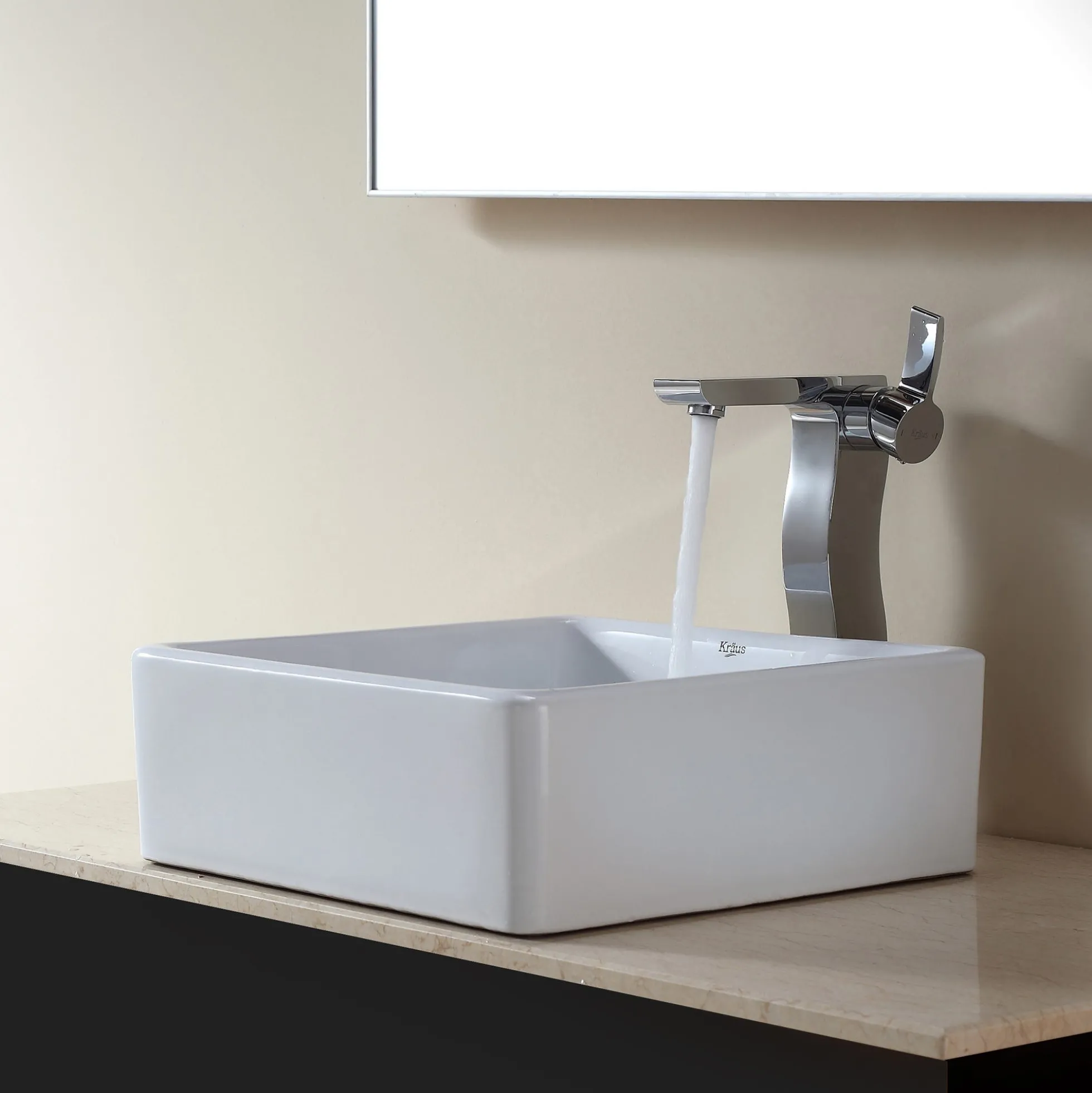 15" Square Vessel Ceramic Bathroom Sink in White with Pop-Up Drain in Chrome