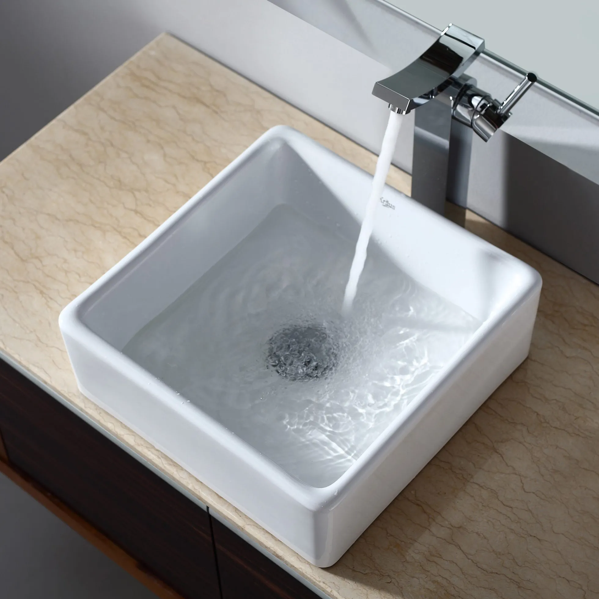 15" Square Vessel Ceramic Bathroom Sink in White with Pop-Up Drain in Chrome