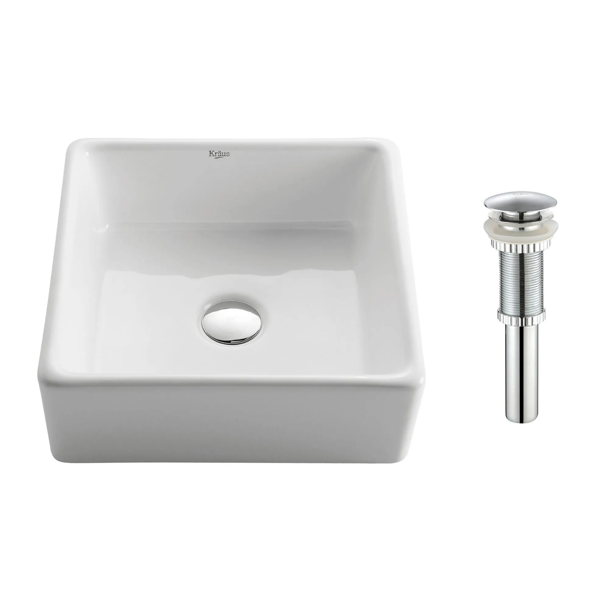 15" Square Vessel Ceramic Bathroom Sink in White with Pop-Up Drain in Chrome