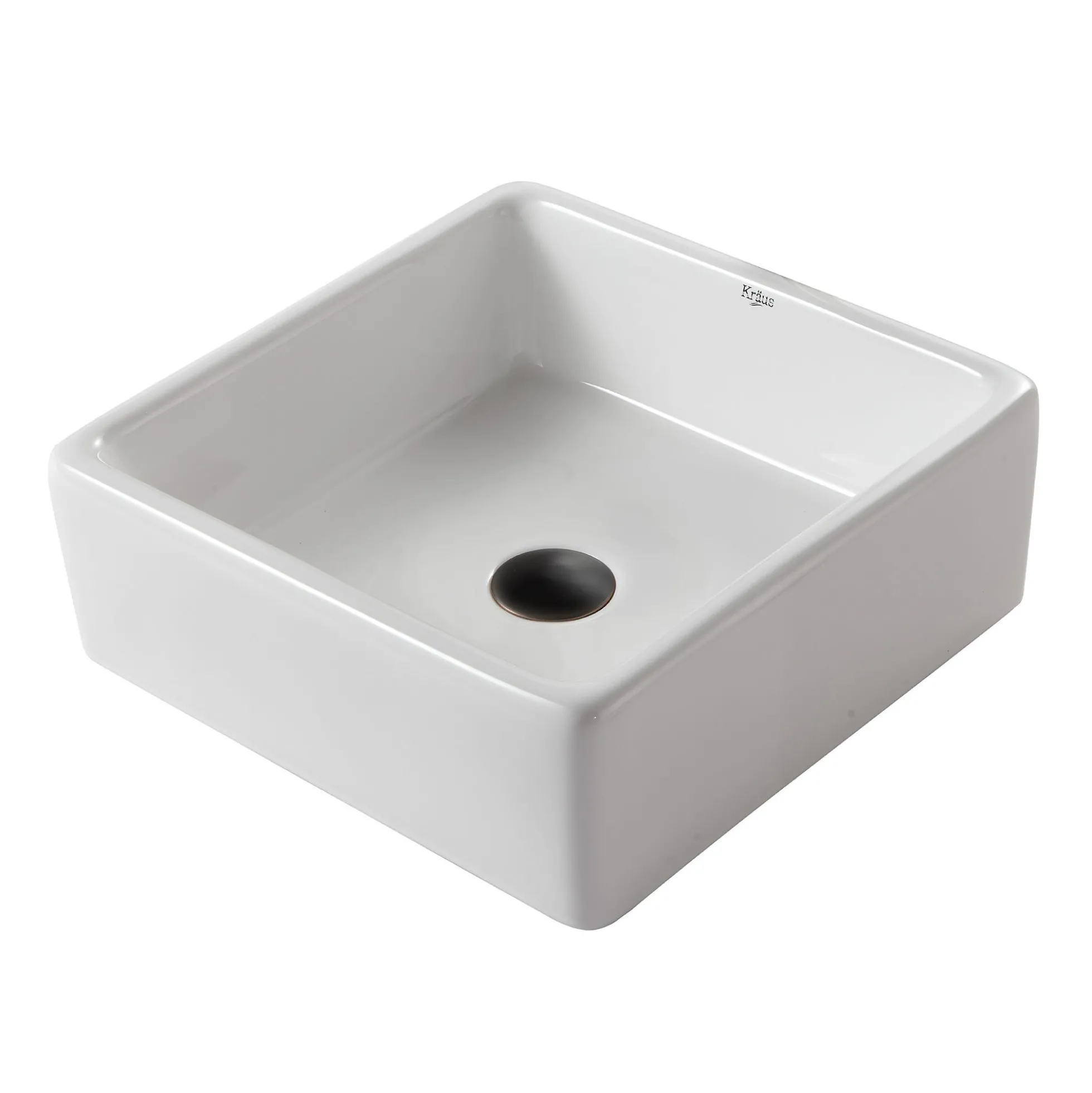 15" Square Vessel Ceramic Bathroom Sink in White with Pop-Up Drain in Oil Rubbed Bronze