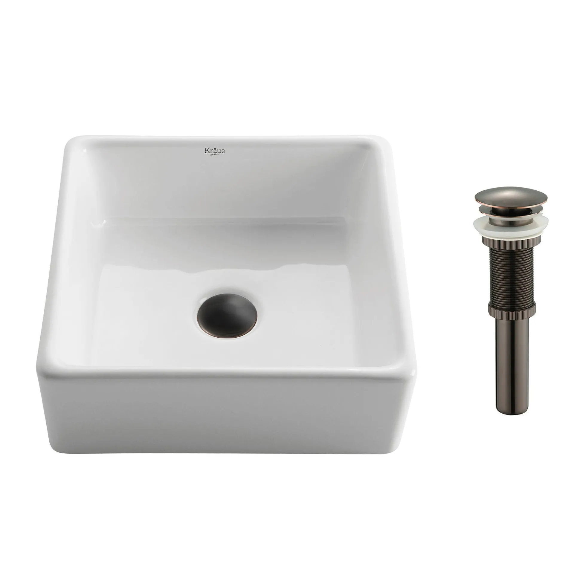 15" Square Vessel Ceramic Bathroom Sink in White with Pop-Up Drain in Oil Rubbed Bronze