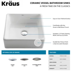 15" Square Vessel Ceramic Bathroom Sink in White with Pop-Up Drain in Satin Nickel