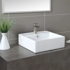 18 1/2" Square Vessel Ceramic Bathroom Sink in White with Pop-Up Drain in Satin Nickel