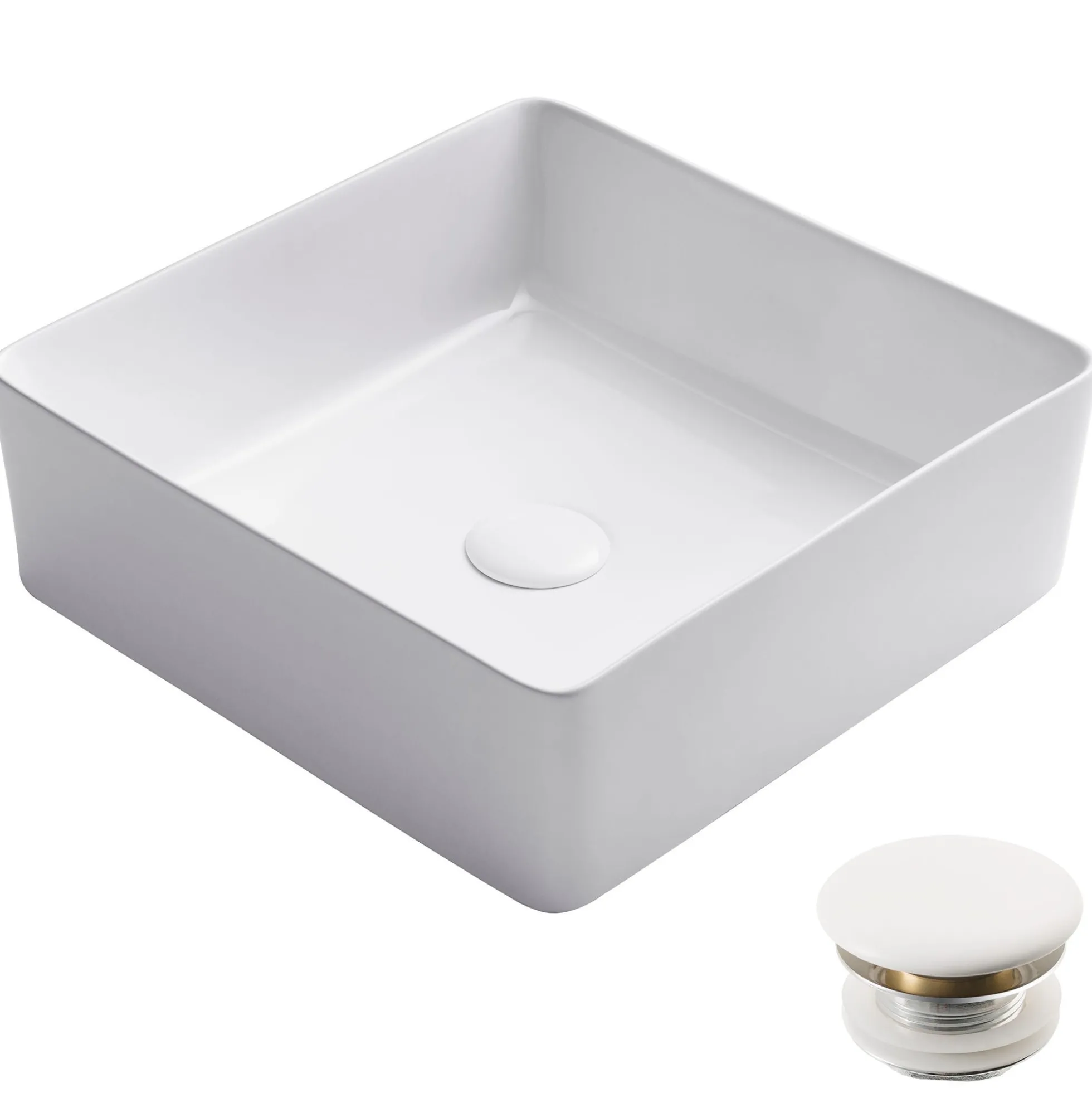 15 5/8" Square Vessel Ceramic Bathroom Sink in White with Pop-Up Drain