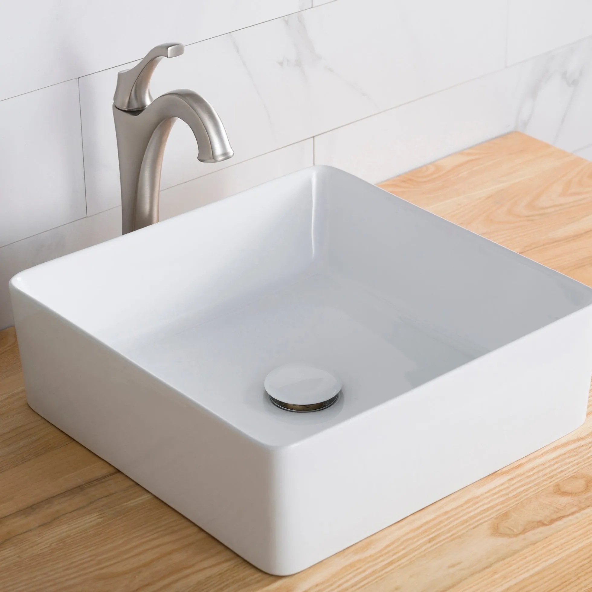 15 5/8" Square Vessel Ceramic Bathroom Sink in White with Pop-Up Drain