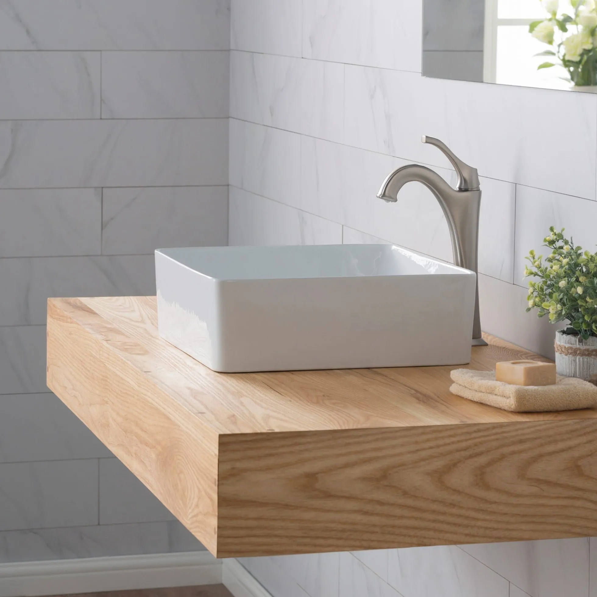 15 5/8" Square Vessel Ceramic Bathroom Sink in White with Pop-Up Drain