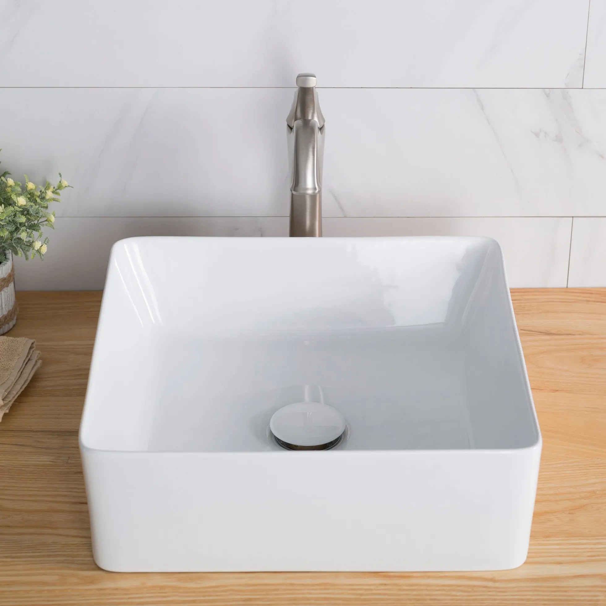 15 5/8" Square Vessel Ceramic Bathroom Sink in White with Pop-Up Drain