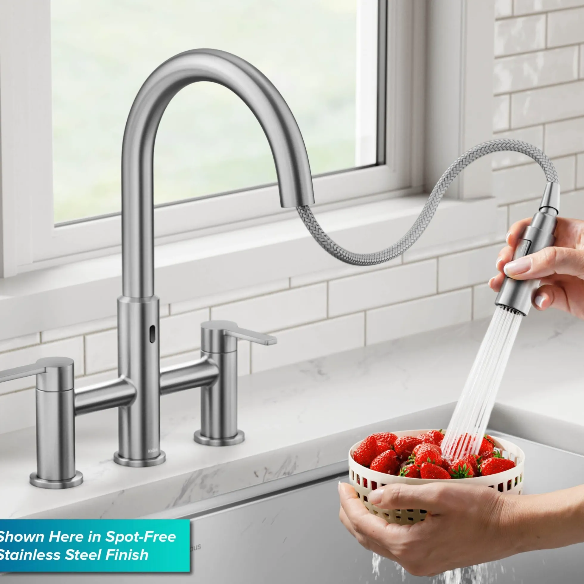 Touchless Sensor Bridge Kitchen Faucet with Pull-Down Sprayhead in Matte Black
