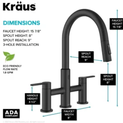 Touchless Sensor Bridge Kitchen Faucet with Pull-Down Sprayhead in Matte Black