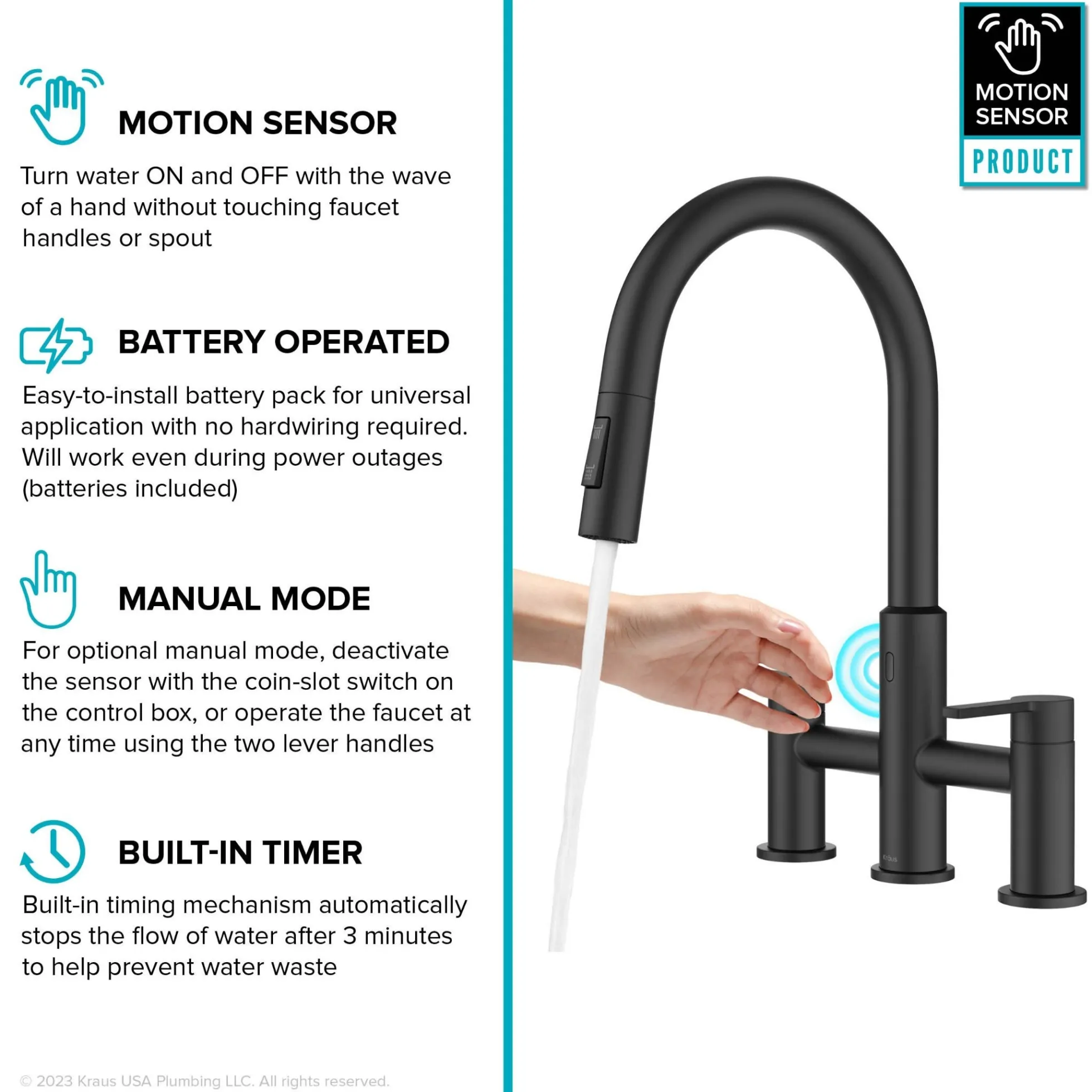 Touchless Sensor Bridge Kitchen Faucet with Pull-Down Sprayhead in Matte Black