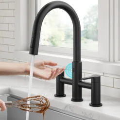 Touchless Sensor Bridge Kitchen Faucet with Pull-Down Sprayhead in Matte Black