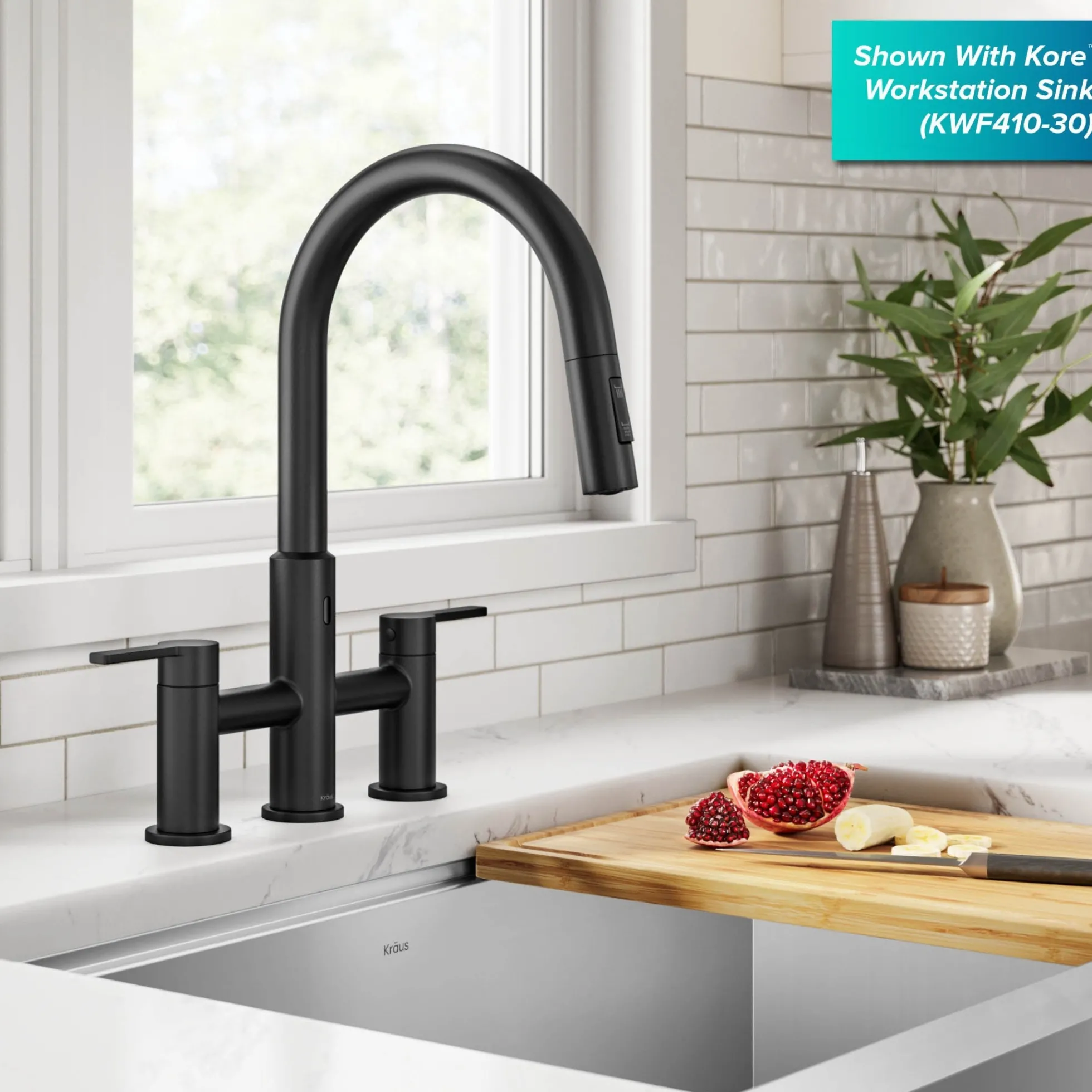 Touchless Sensor Bridge Kitchen Faucet with Pull-Down Sprayhead in Matte Black