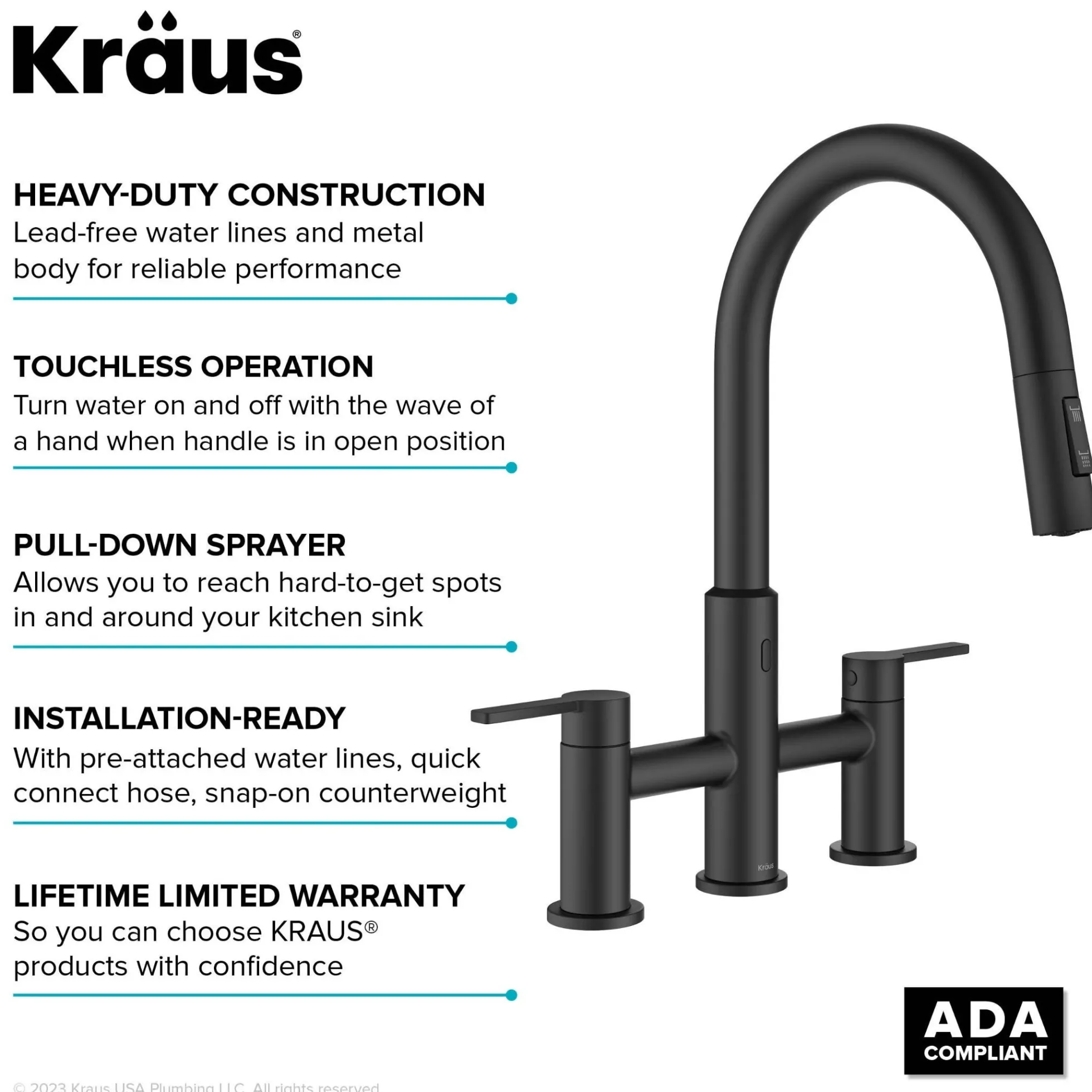 Touchless Sensor Bridge Kitchen Faucet with Pull-Down Sprayhead in Matte Black