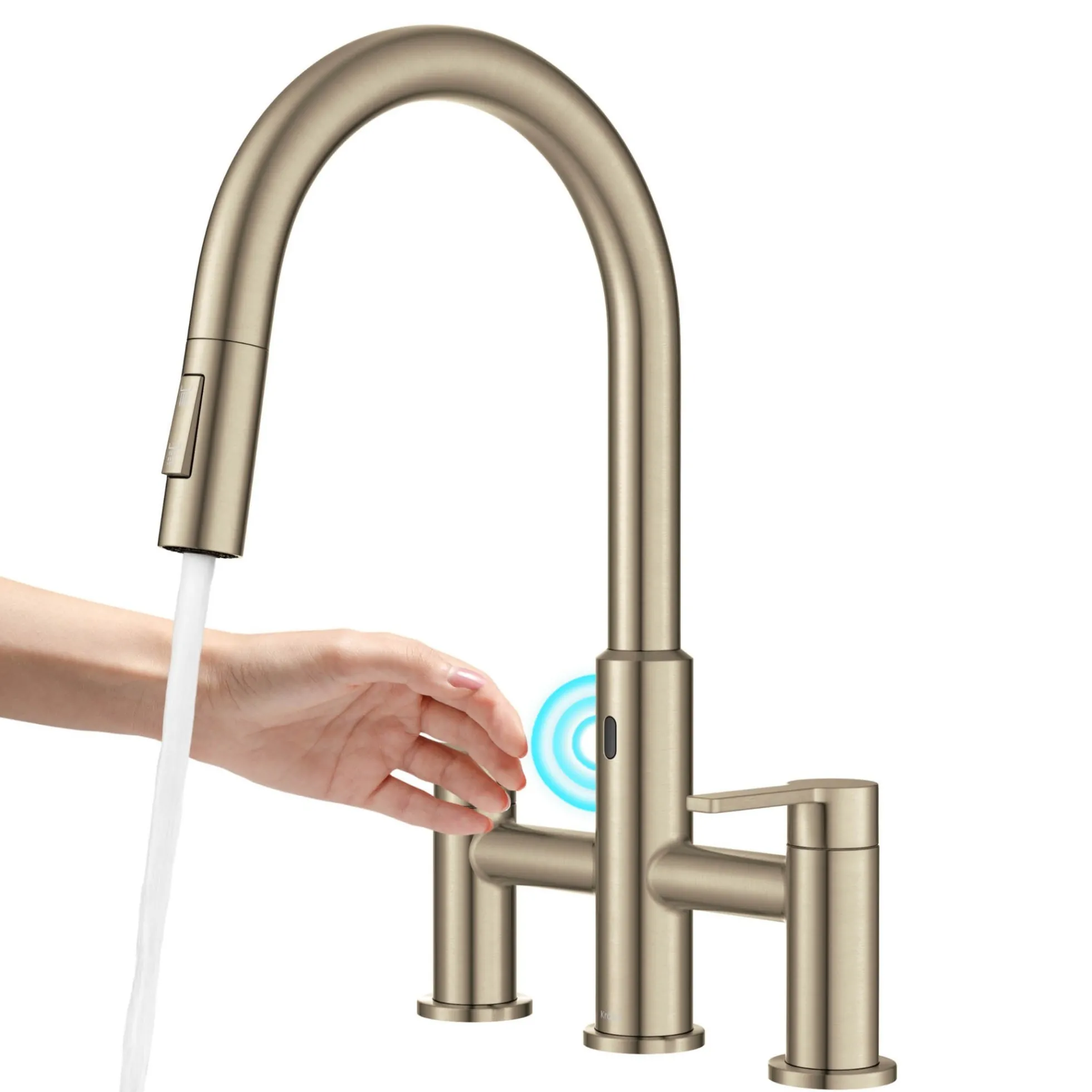 Touchless Sensor Bridge Kitchen Faucet with Pull-Down Sprayhead in Spot-Free Antique Champagne Bronze
