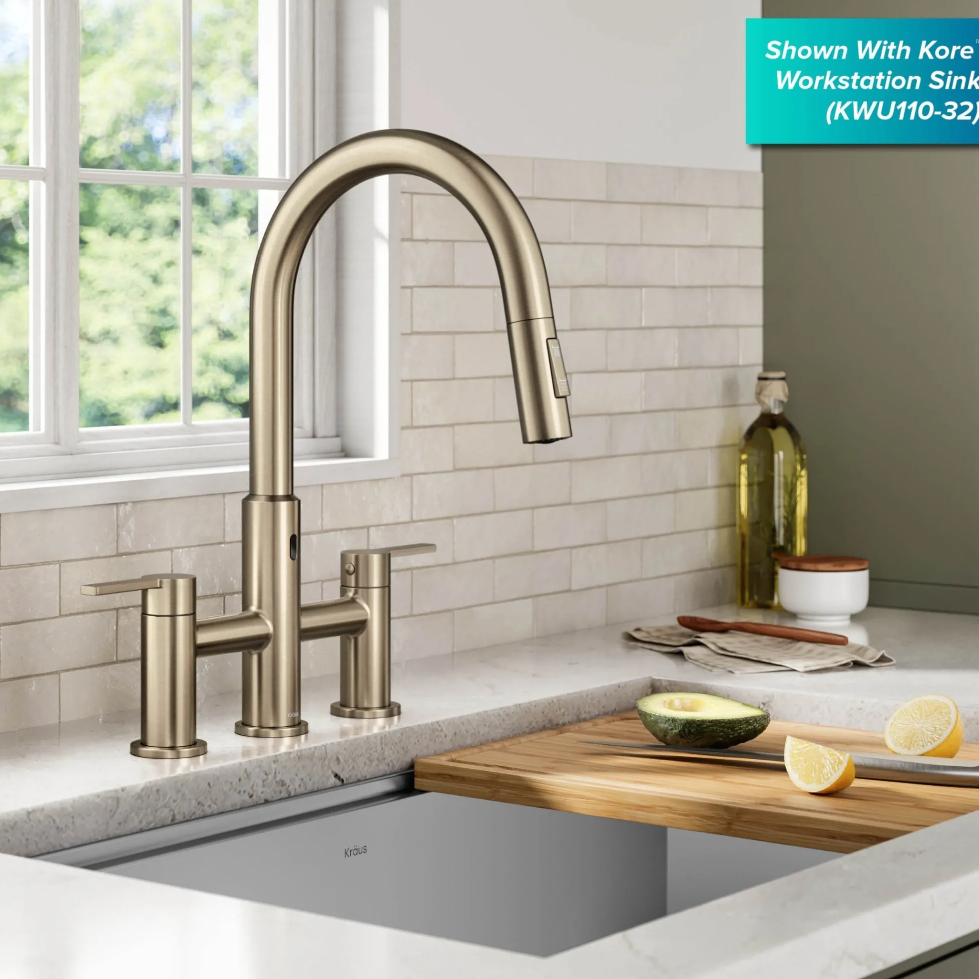 Touchless Sensor Bridge Kitchen Faucet with Pull-Down Sprayhead in Spot-Free Antique Champagne Bronze