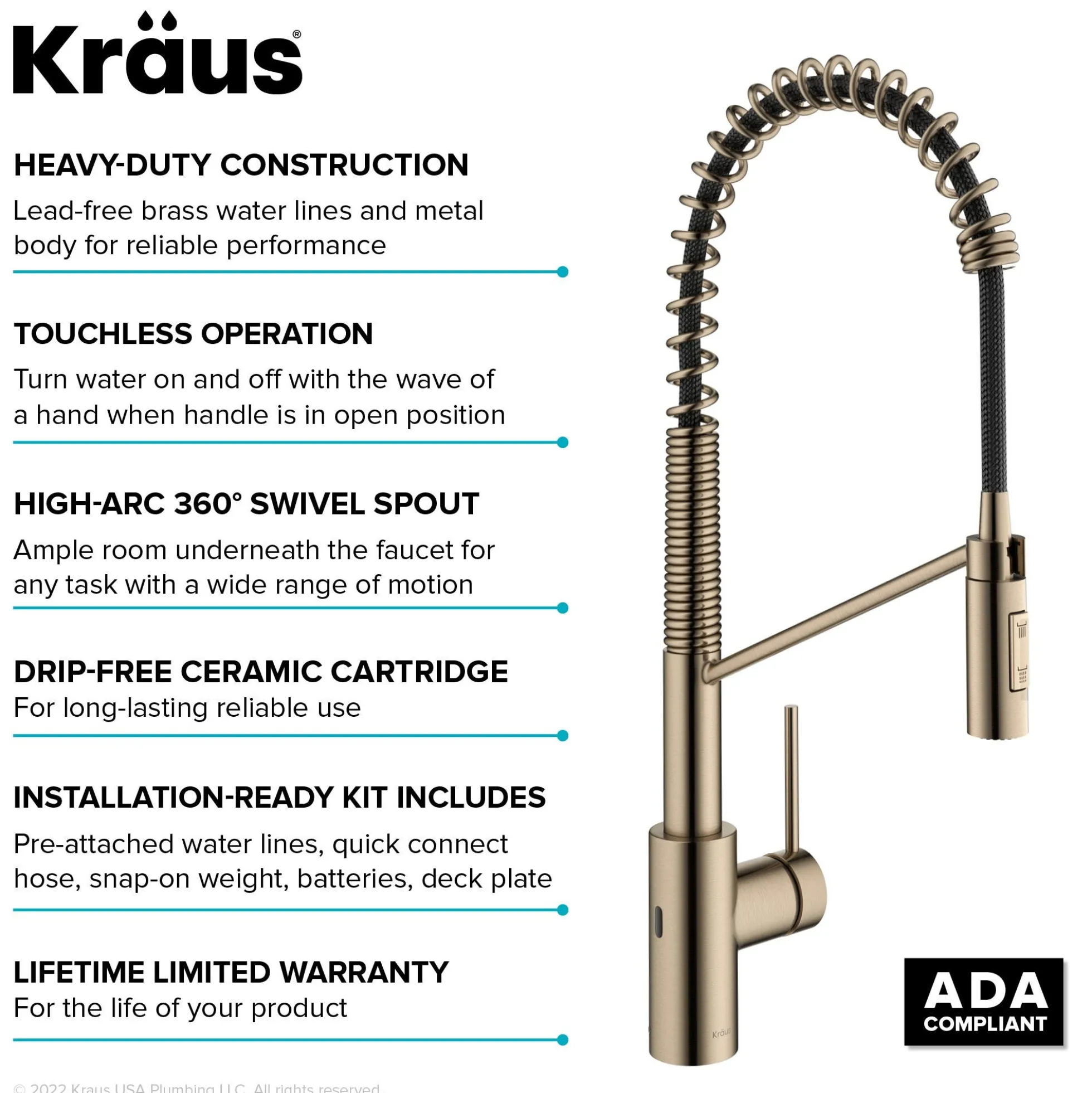 Touchless Sensor Commercial Pull-Down Single Handle Kitchen Faucet with QuickDock™ Top Mount Assembly in Spot Free Antique Champagne Bronze