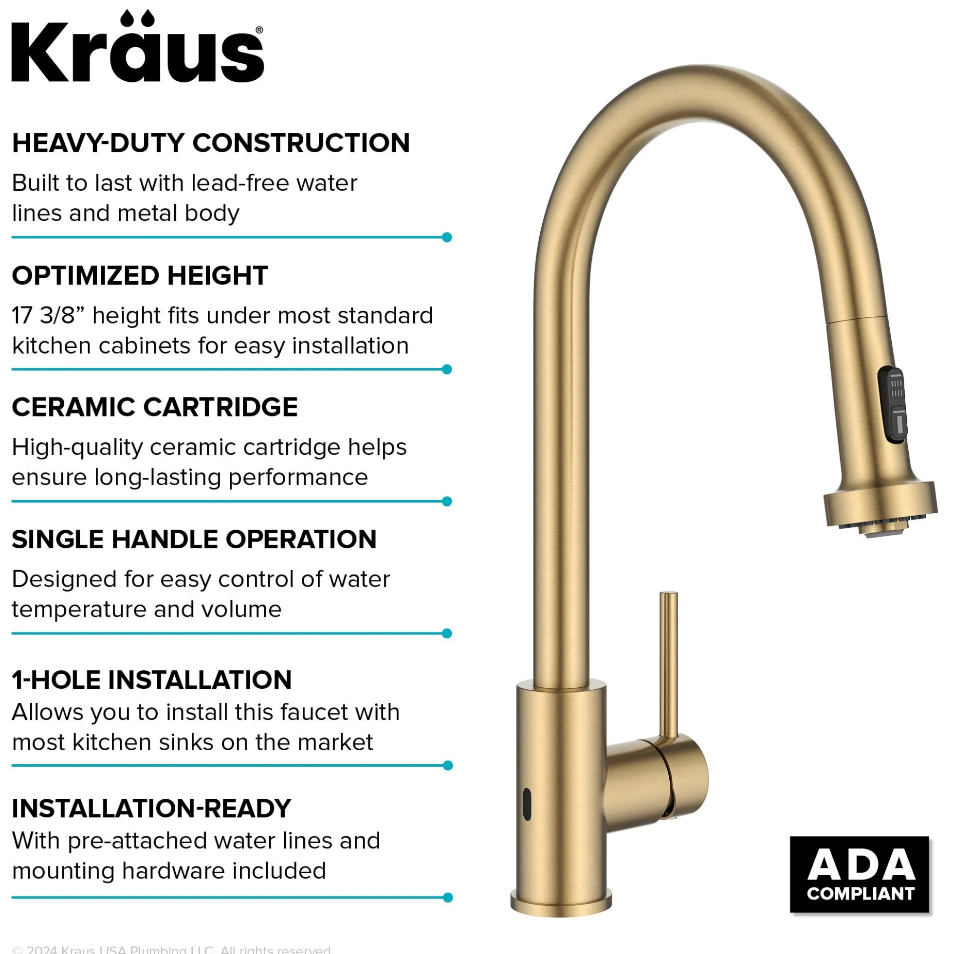 Touchless Sensor 2-Function Single Handle Pull Down Kitchen Faucet in Spot-Free Brushed Brass