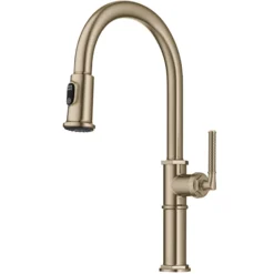 Traditional Industrial Pull-Down Single Handle Kitchen Faucet in Brushed Gold