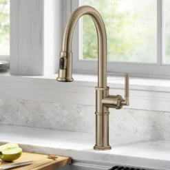 Traditional Industrial Pull-Down Single Handle Kitchen Faucet in Brushed Gold