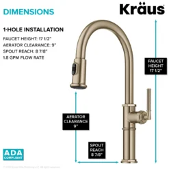 Traditional Industrial Pull-Down Single Handle Kitchen Faucet in Brushed Gold