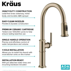 Traditional Industrial Pull-Down Single Handle Kitchen Faucet in Brushed Gold