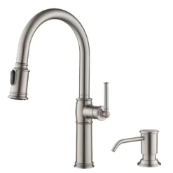Traditional Single Handle Pull-Down Kitchen Faucet with Soap Dispenser and Deck Plate in Spot Free Stainless Steel