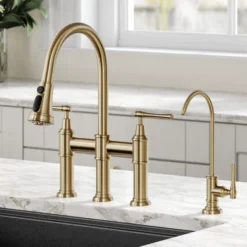 Transitional Bridge Kitchen Faucet and Water Filter Faucet Combo in Brushed Gold