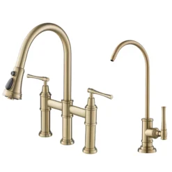 Transitional Bridge Kitchen Faucet and Water Filter Faucet Combo in Brushed Gold