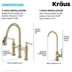 Transitional Bridge Kitchen Faucet and Water Filter Faucet Combo in Brushed Gold