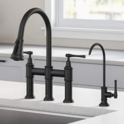 Transitional Bridge Kitchen Faucet and Water Filter Faucet Combo in Matte Black