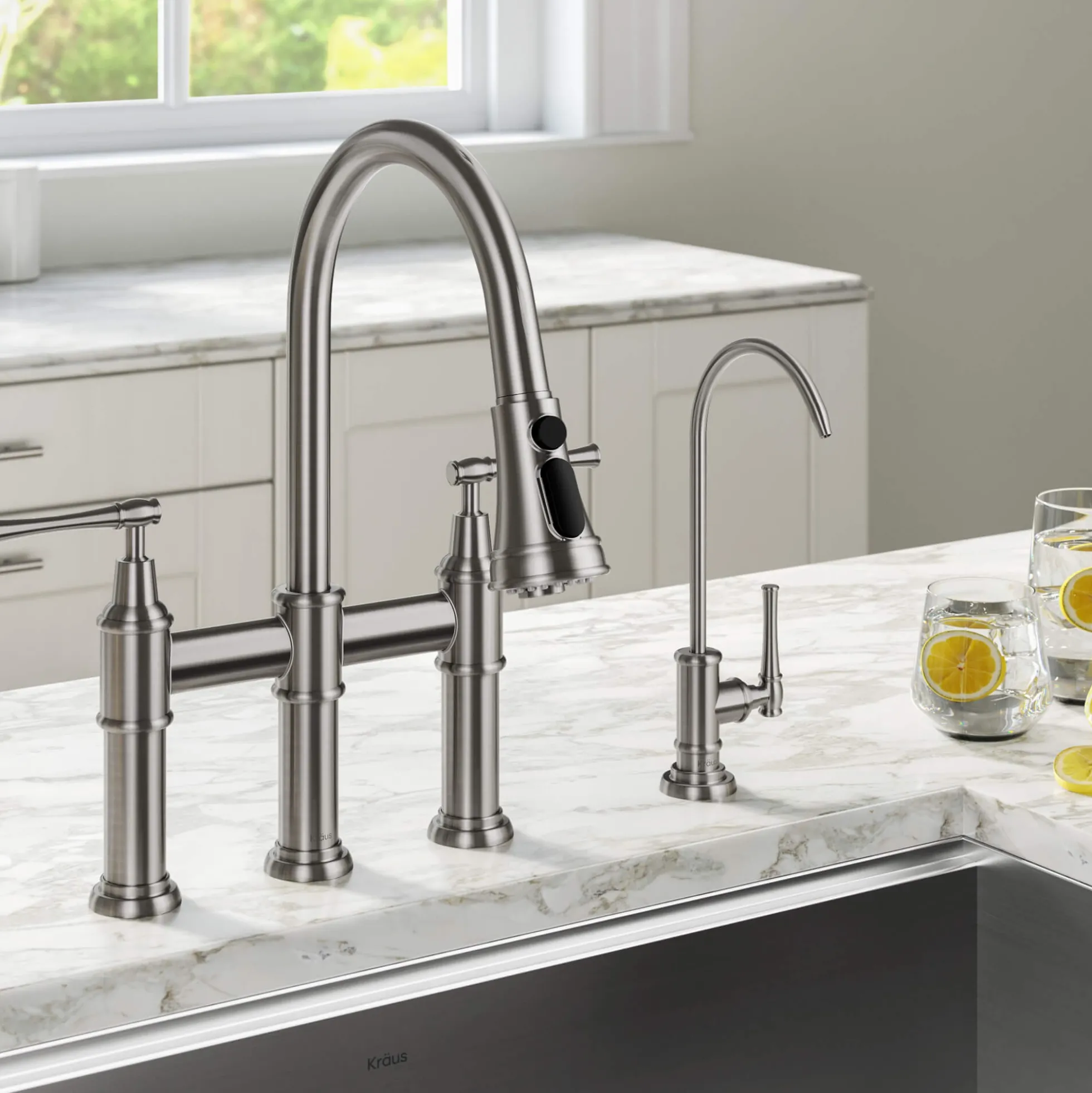 Transitional Bridge Kitchen Faucet and Water Filter Faucet Combo in Spot Free Stainless Steel