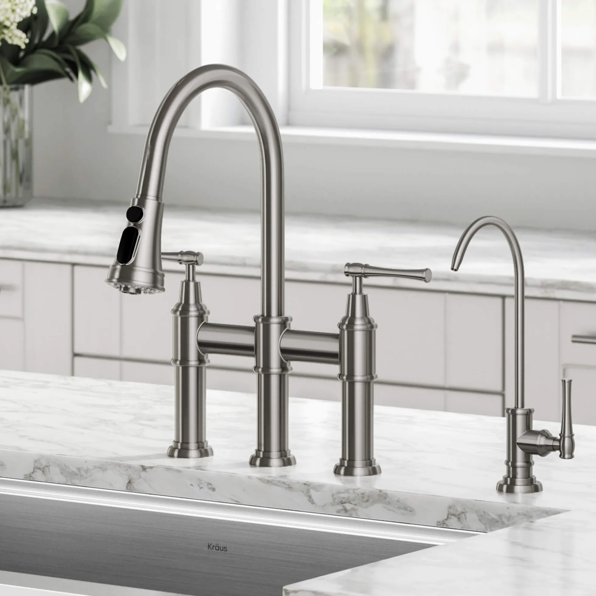 Transitional Bridge Kitchen Faucet and Water Filter Faucet Combo in Spot Free Stainless Steel