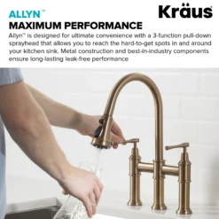 Transitional Bridge Kitchen Faucet with Pull-Down Sprayhead in Brushed Gold