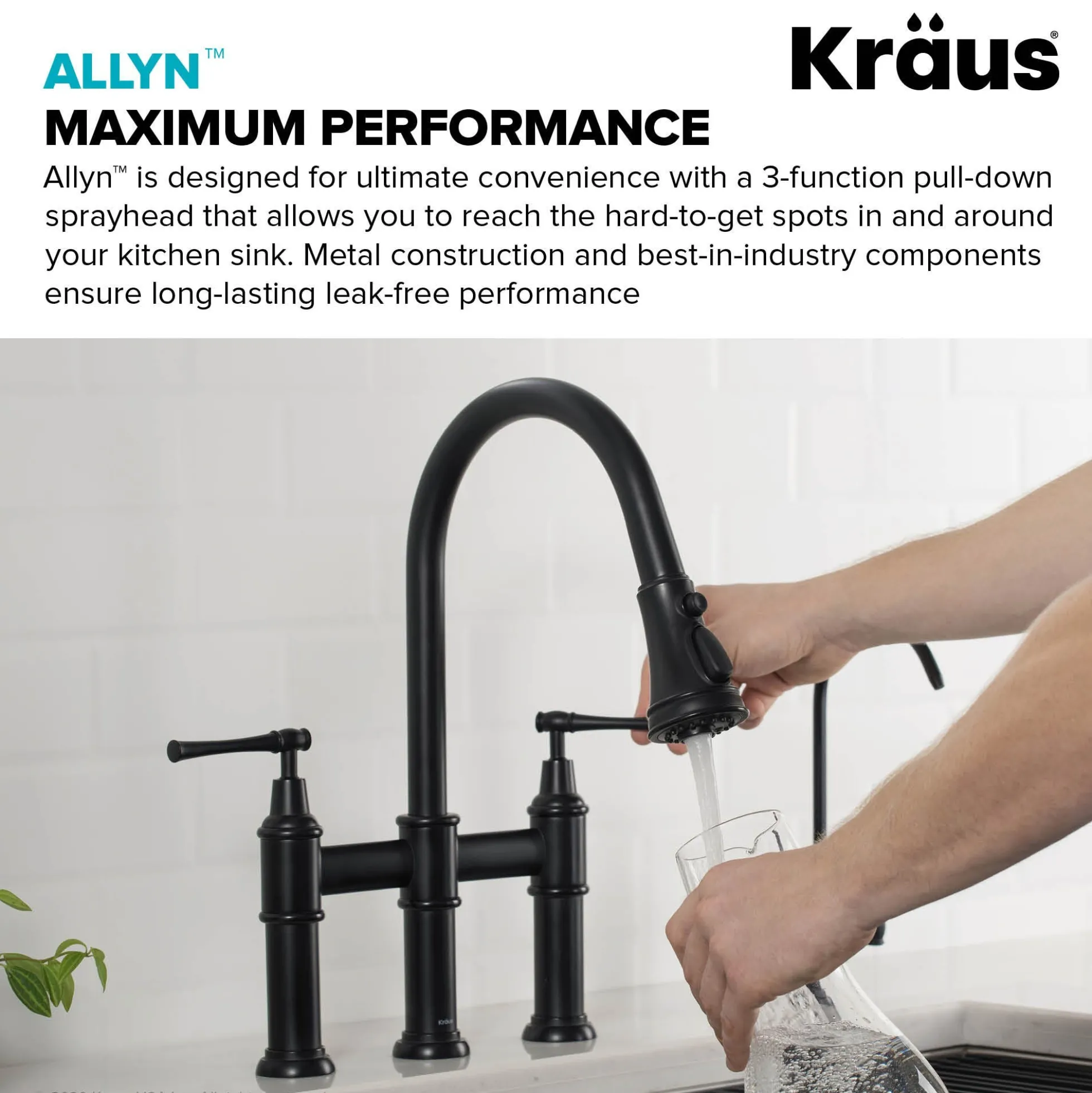 Transitional Bridge Kitchen Faucet with Pull-Down Sprayhead in Matte Black