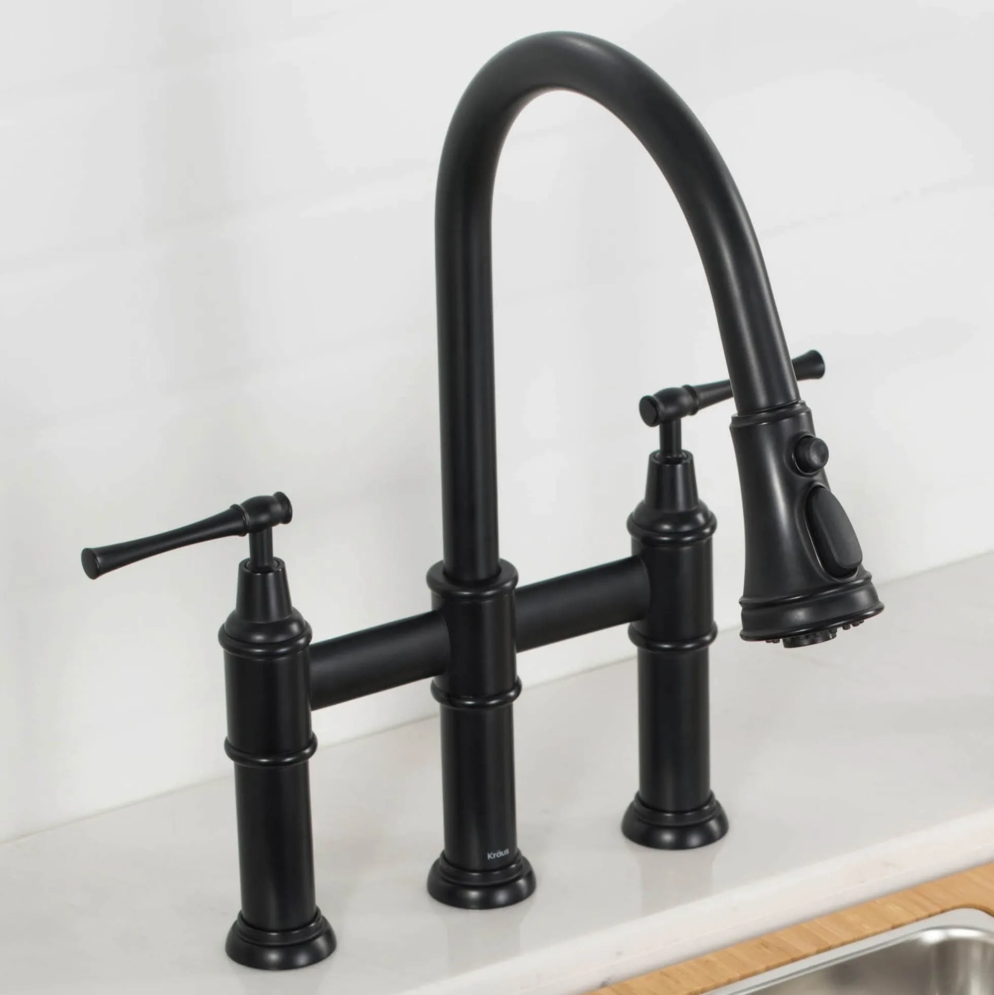 Transitional Bridge Kitchen Faucet with Pull-Down Sprayhead in Matte Black