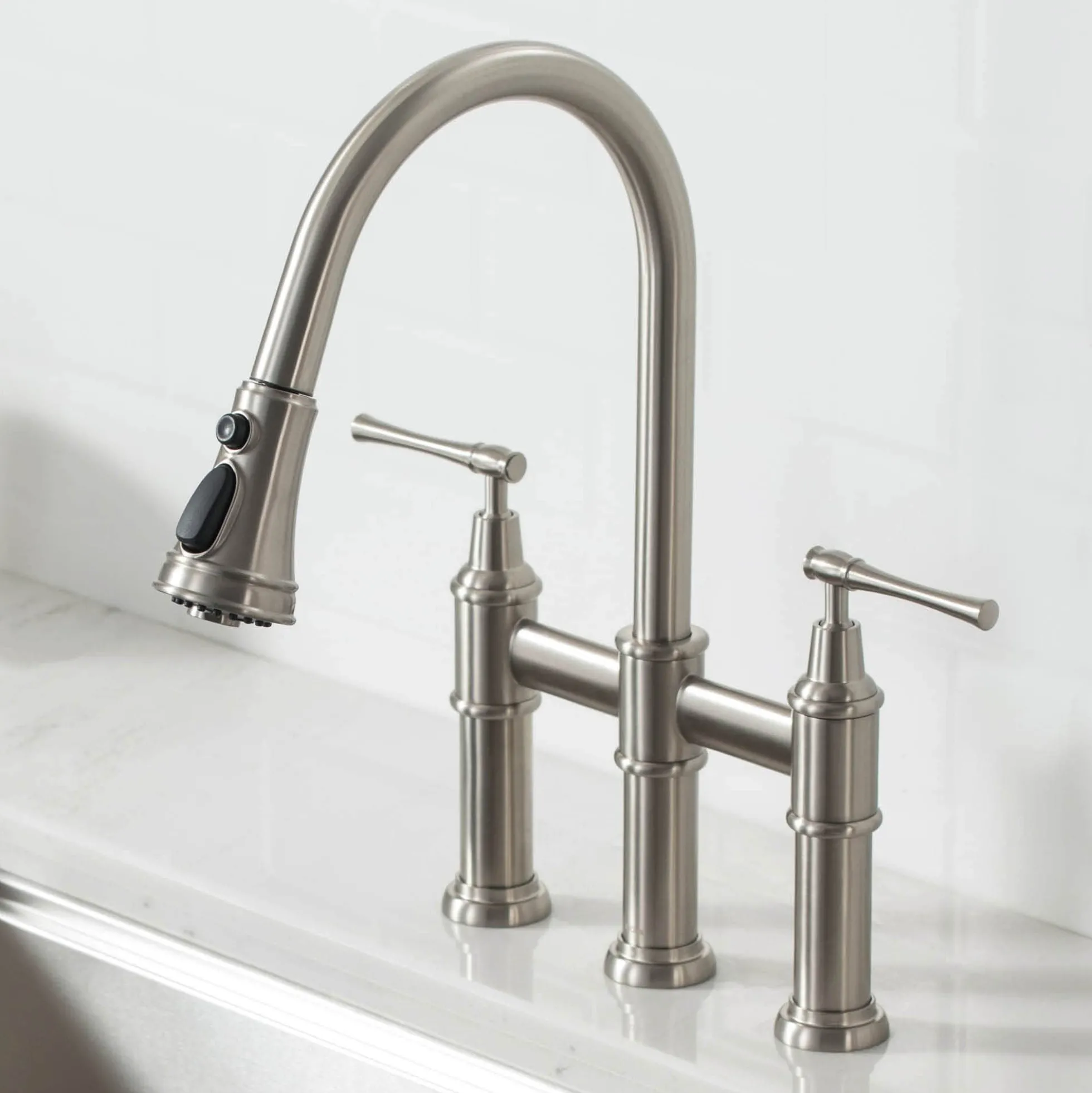 Transitional Bridge Kitchen Faucet with Pull-Down Sprayhead in Spot Free Stainless Steel