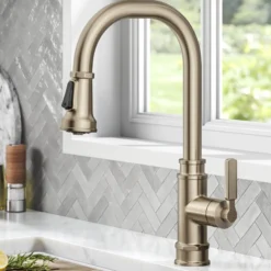 Transitional Industrial Pull-Down Single Handle Kitchen Faucet in Spot-Free Antique Champagne Bronze
