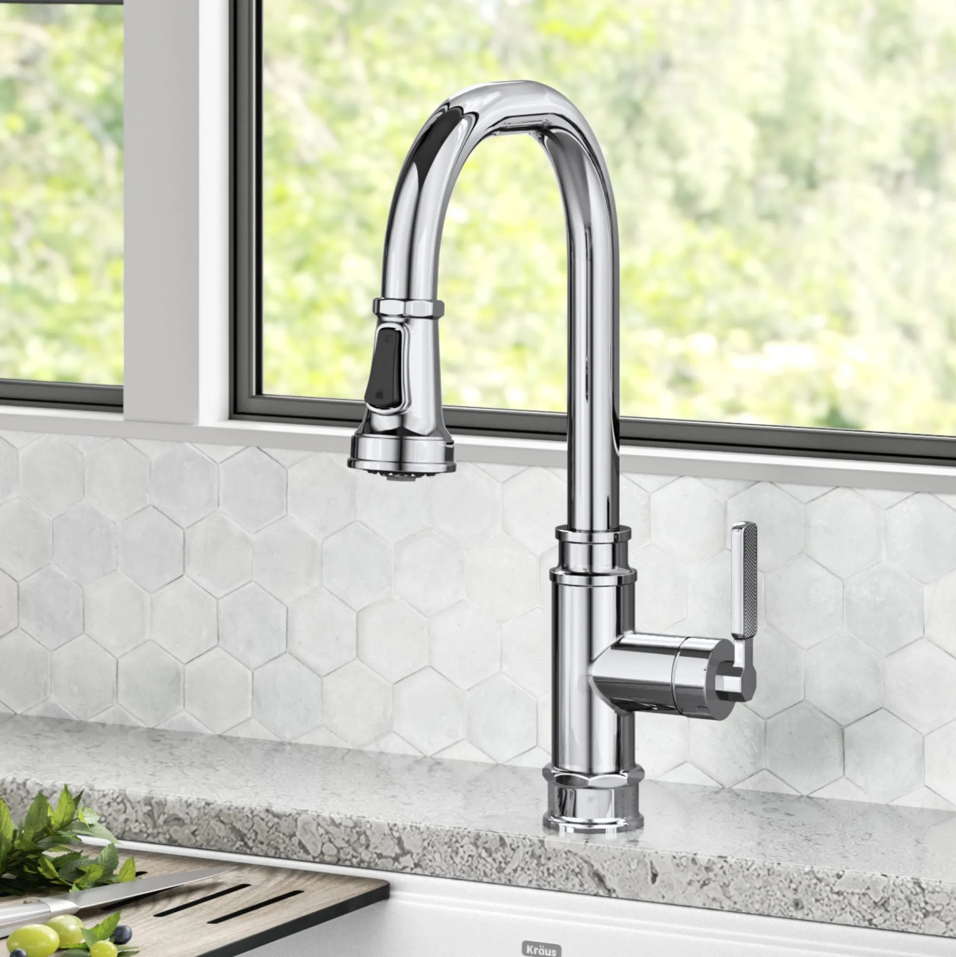 Transitional Industrial Pull-Down Single Handle Kitchen Faucet in Chrome