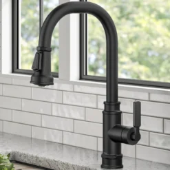 Transitional Industrial Pull-Down Single Handle Kitchen Faucet in Matte Black