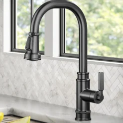 Transitional Industrial Pull-Down Single Handle Kitchen Faucet in Spot-Free Black Stainless Steel