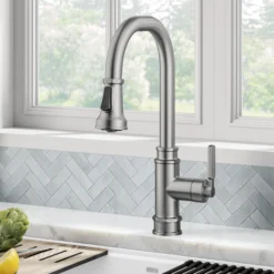 Transitional Industrial Pull-Down Single Handle Kitchen Faucet in Spot-Free Stainless Steel