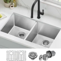 33" Undermount 50/50 Double Bowl 16 Gauge Stainless Steel Kitchen Sink