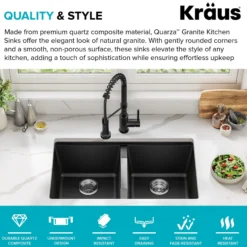 33” Undermount 50/50 Double Bowl Granite Kitchen Sink in Black Onyx