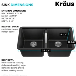33” Undermount 50/50 Double Bowl Granite Kitchen Sink in Black Onyx