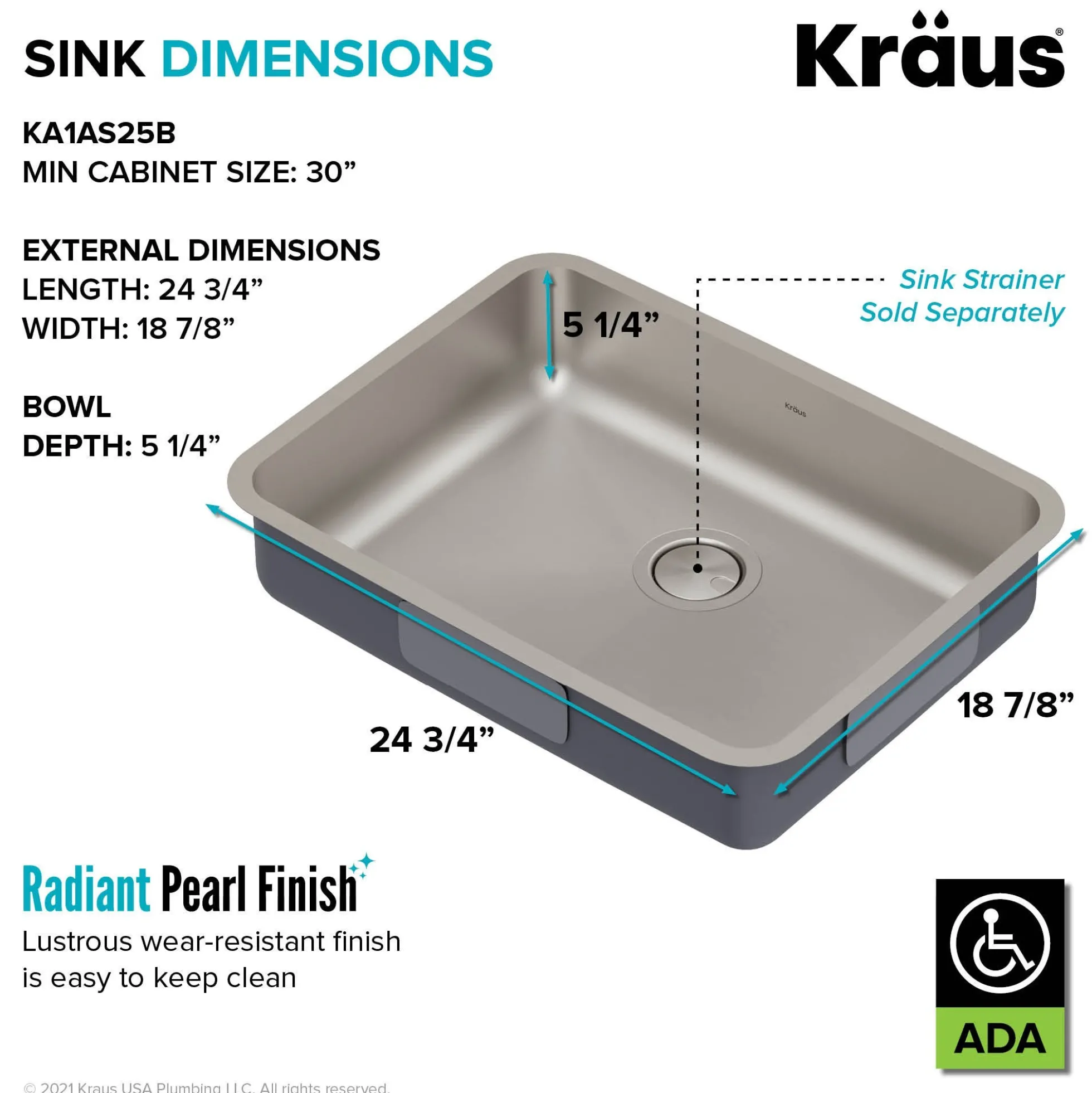 25" Undermount 16 Gauge Stainless Steel Single Bowl ADA Kitchen Sink
